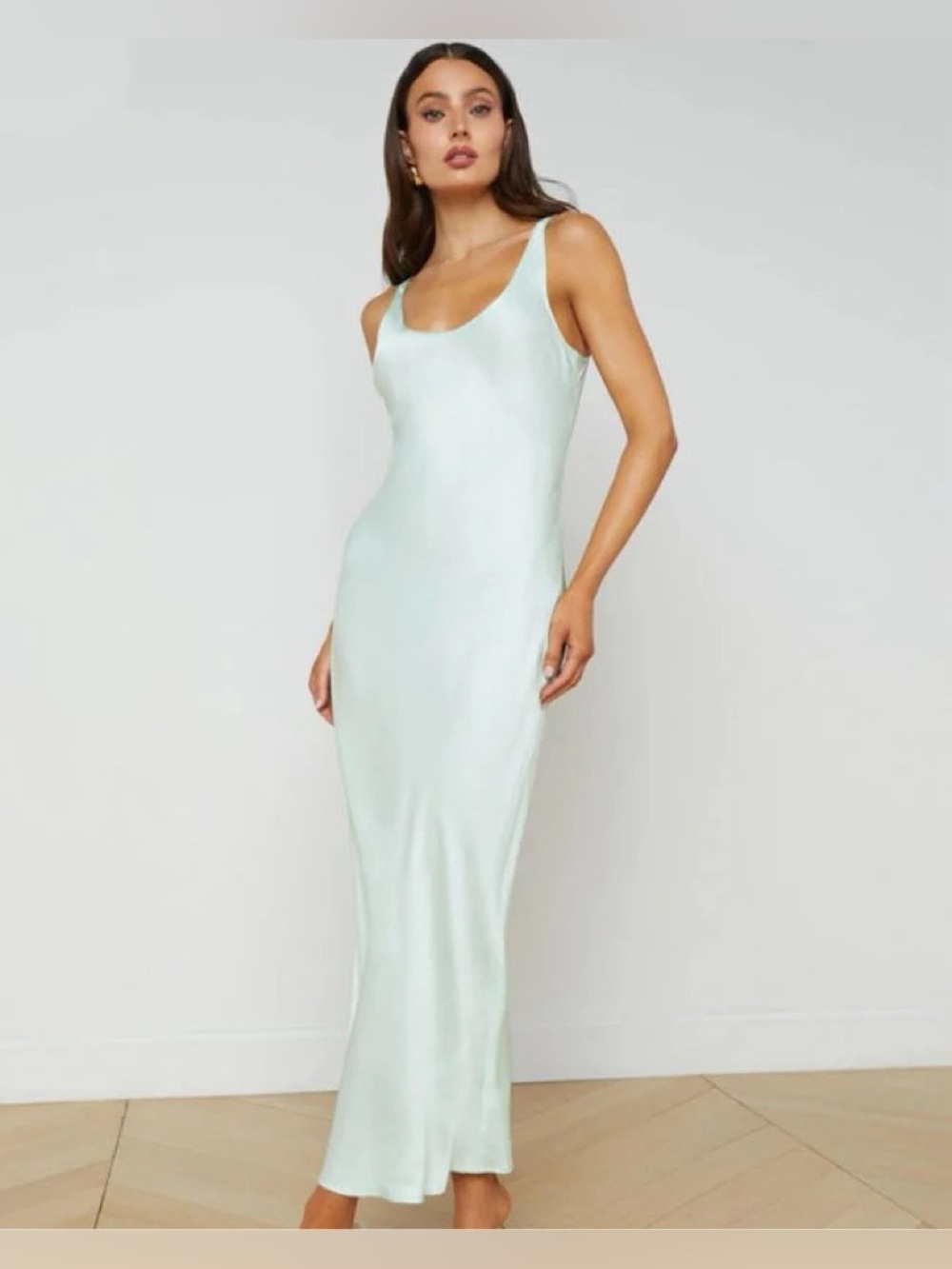 L’Agence Akiya Satin Tank Maxi Dress Honeydew Mint Green
